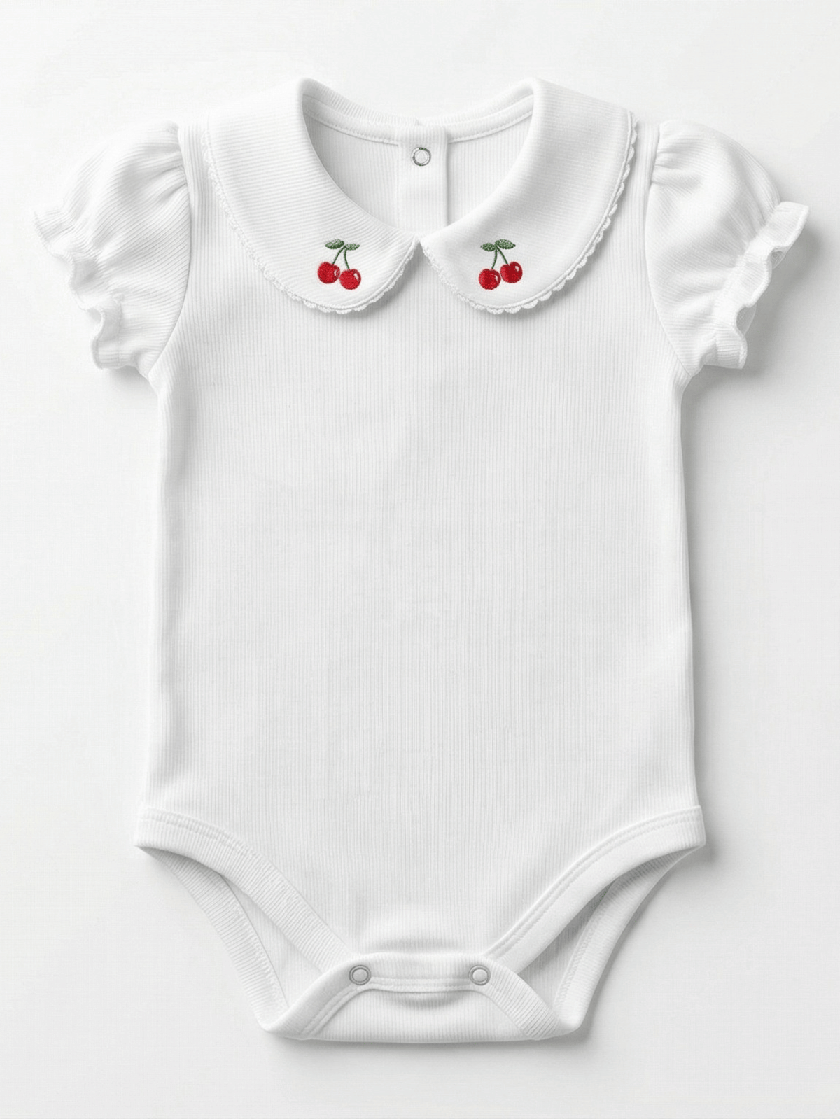 Body Bebê Menina Branco com Gola Cereja Delicado Manga Curta 100% Algodão