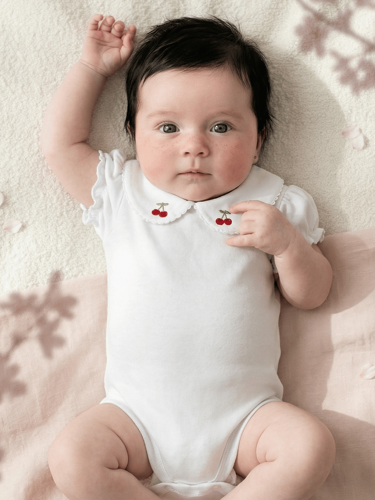 Body Bebê Menina Branco com Gola Cereja Delicado Manga Curta 100% Algodão