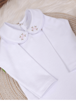 Body Bebê Menina Branco Gola Bordada Flor Rococó Manga Longa 100% Algodão