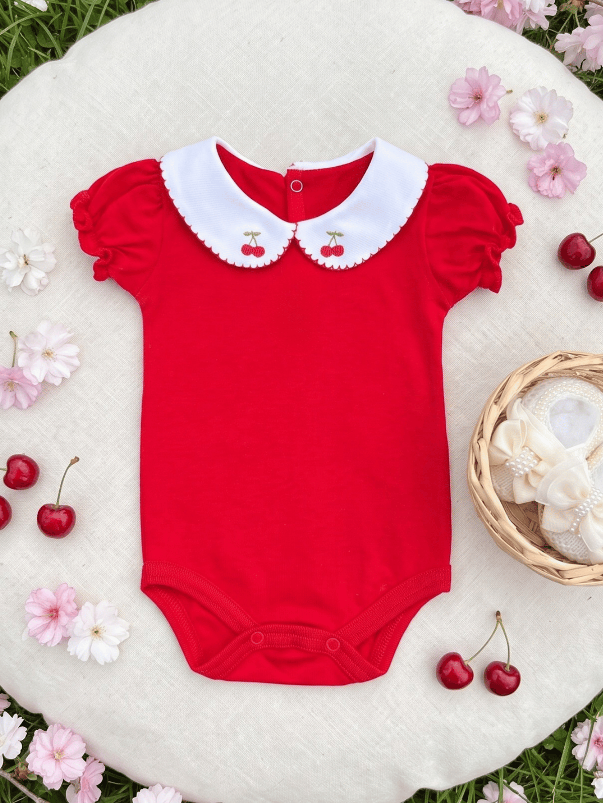 Kit 2 Body Bebê Menina Verão Manga Bufante Bordado Cereja