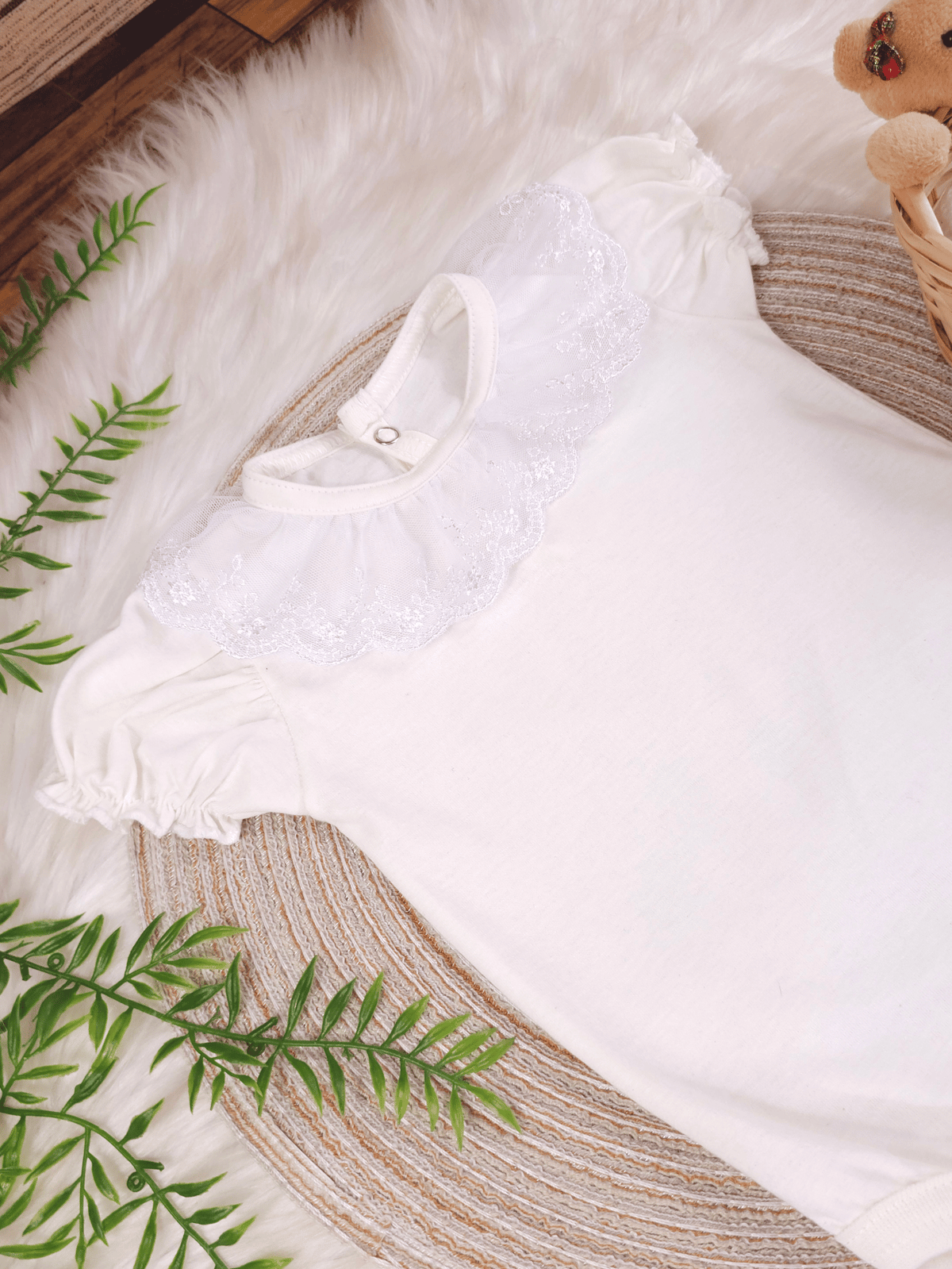 Body Bebê Menina Off-White 100% Algodão Gola Rendada Manga Curta RN ao G