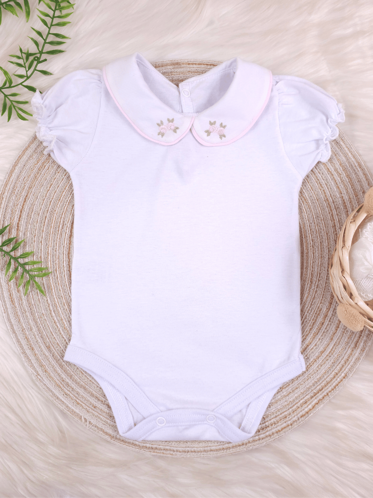 Body Bebê Menina 100% Algodão com Gola Rococó Bordada RN ao G