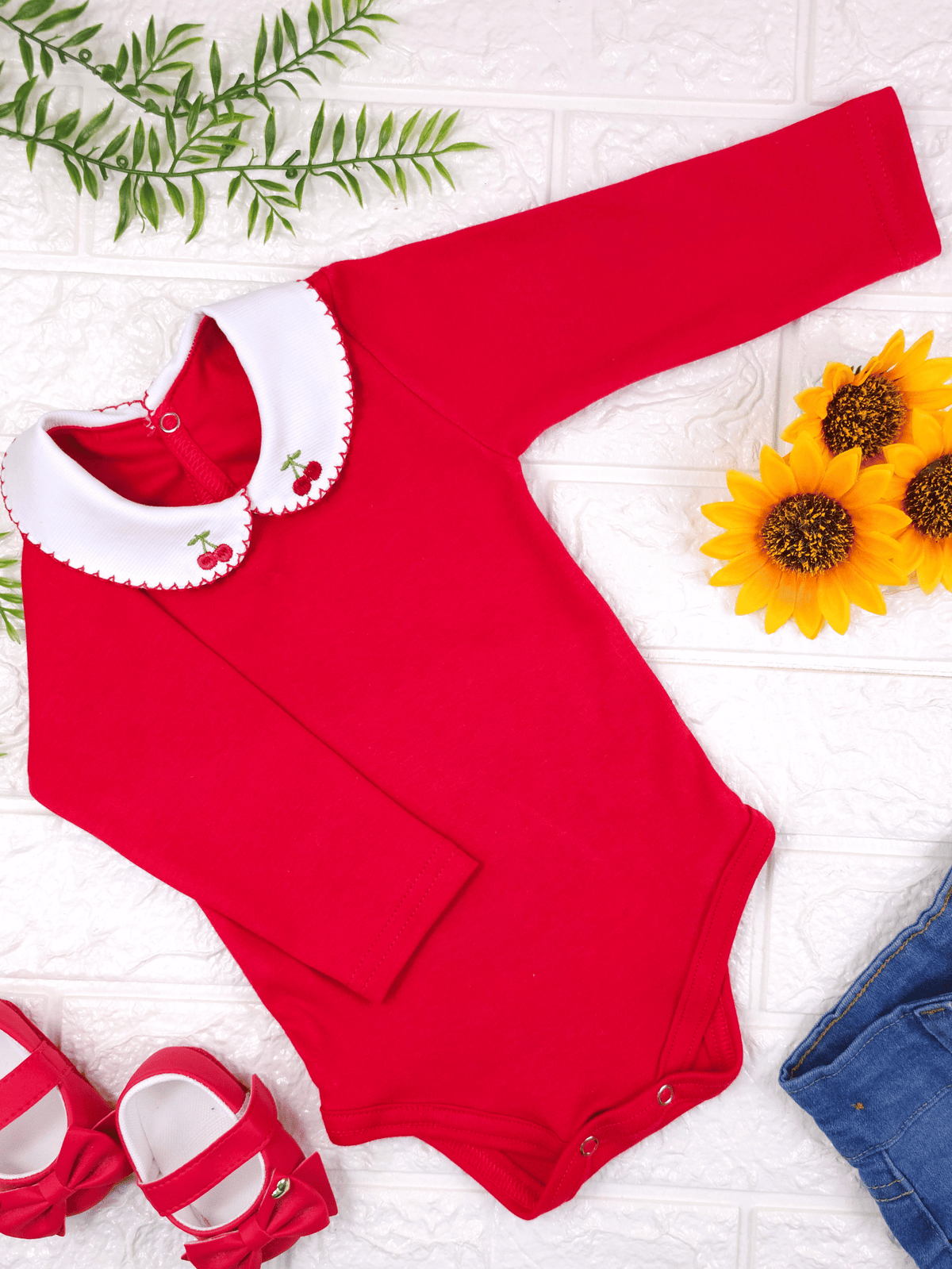 Body Infantil Bebê Menina Vermelho com Gola Cereja Manga Longa 100% Algodão