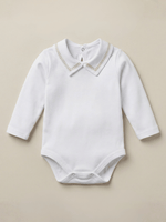 Body Bebê Menino Branco com Gola Polo Trigal Cappuccino Manga Longa 100% Algodão