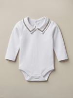 Body Bebê Menino Branco com Gola Polo Trigal Café Manga Longa 100% Algodão