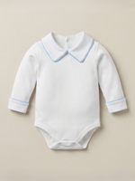 Body Bebê Menino Branco com Gola Polo Vivo Azul Manga Longa 100% Algodão