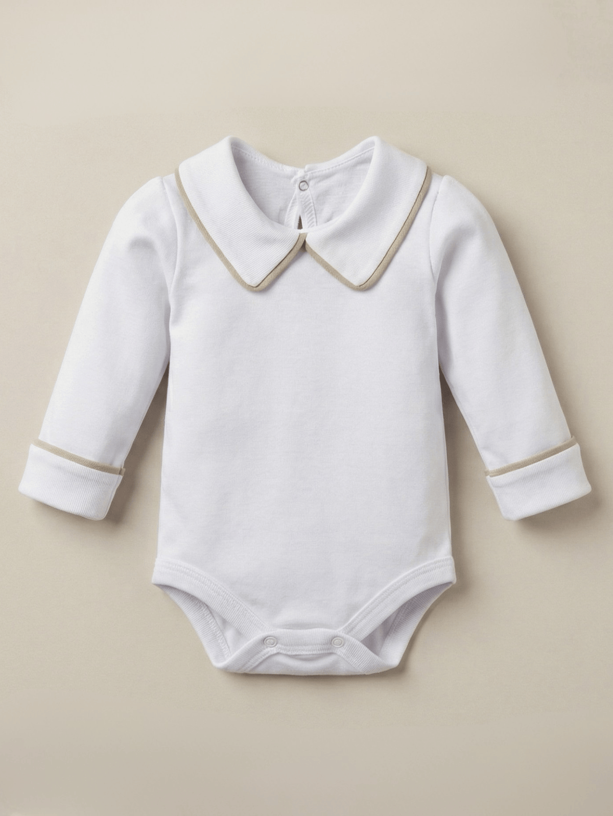 Body Bebê Menino Branco com Gola Polo Vivo Cappuccino Manga Longa 100% Algodão