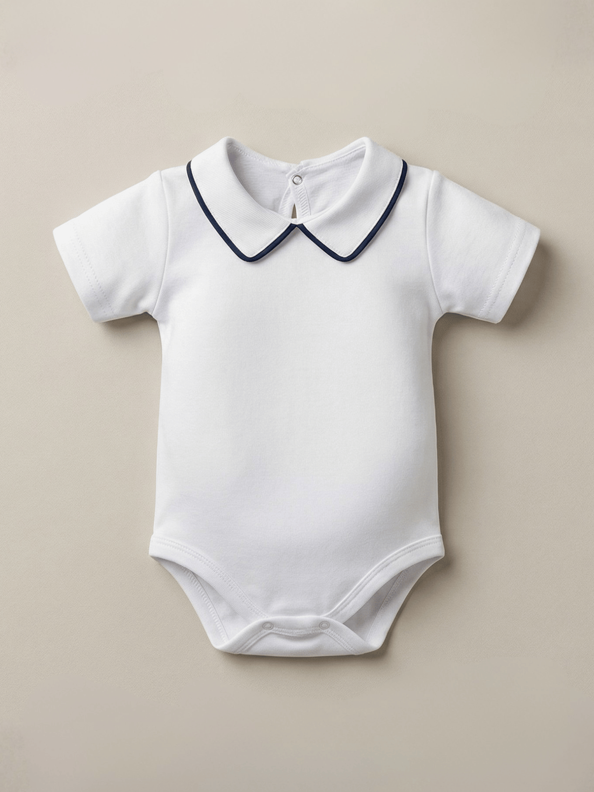 Body Bebê Menino Branco com Gola Polo Vivo Marinho Manga Curta 100% Algodão