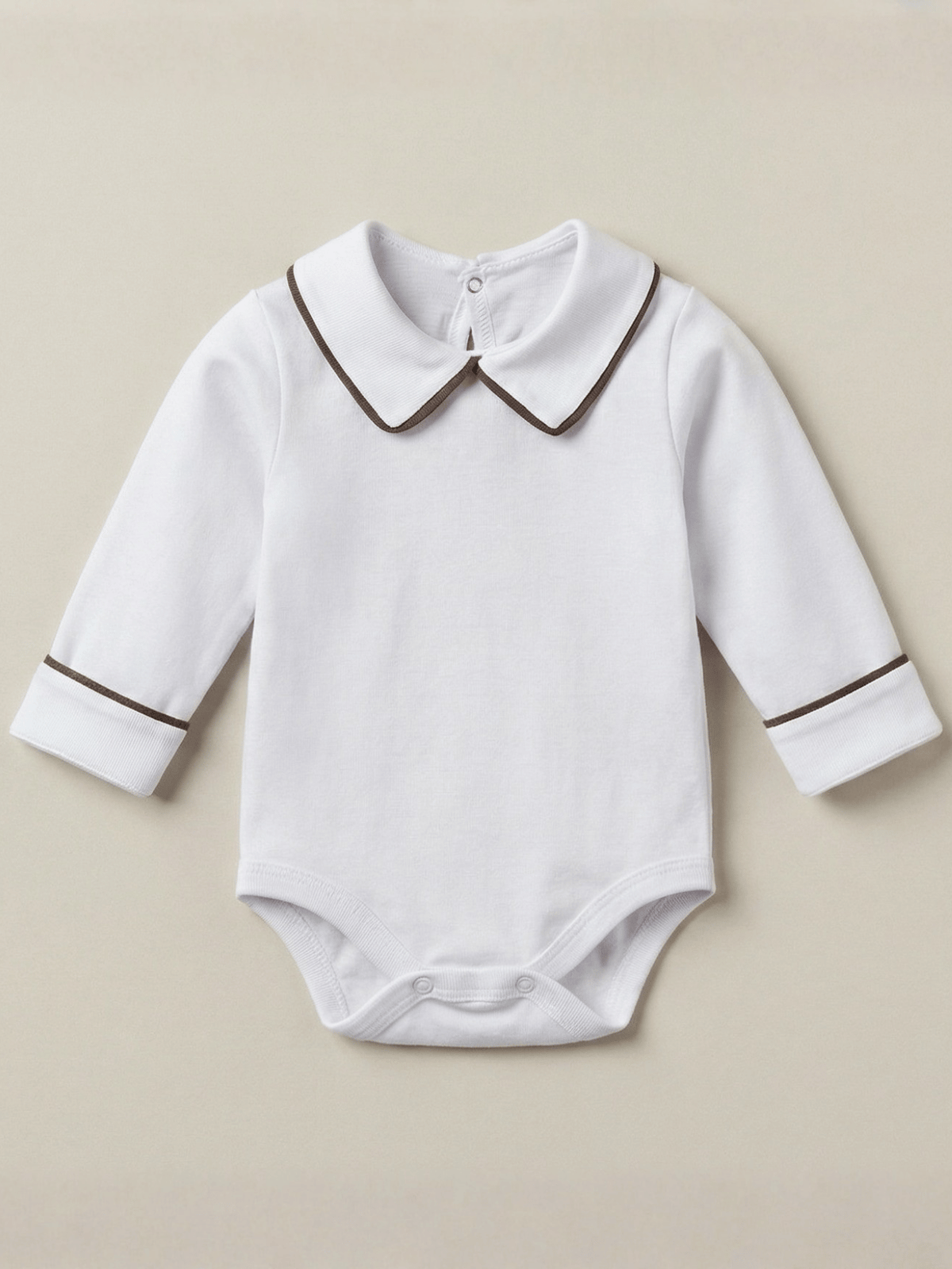 Body Bebê Menino Branco com Gola Polo Vivo Café Manga Longa 100% Algodão