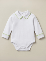 Body Bebê Menino Branco com Gola Polo Vivo Verde Manga Longa 100% Algodão