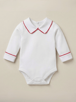 Body Bebê Menino Branco com Gola Polo Vivo Vermelho Manga Longa 100% Algodão