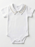 Body Bebê Menino Branco com Gola Polo Trigal Cappuccino Manga Curta 100% Algodão