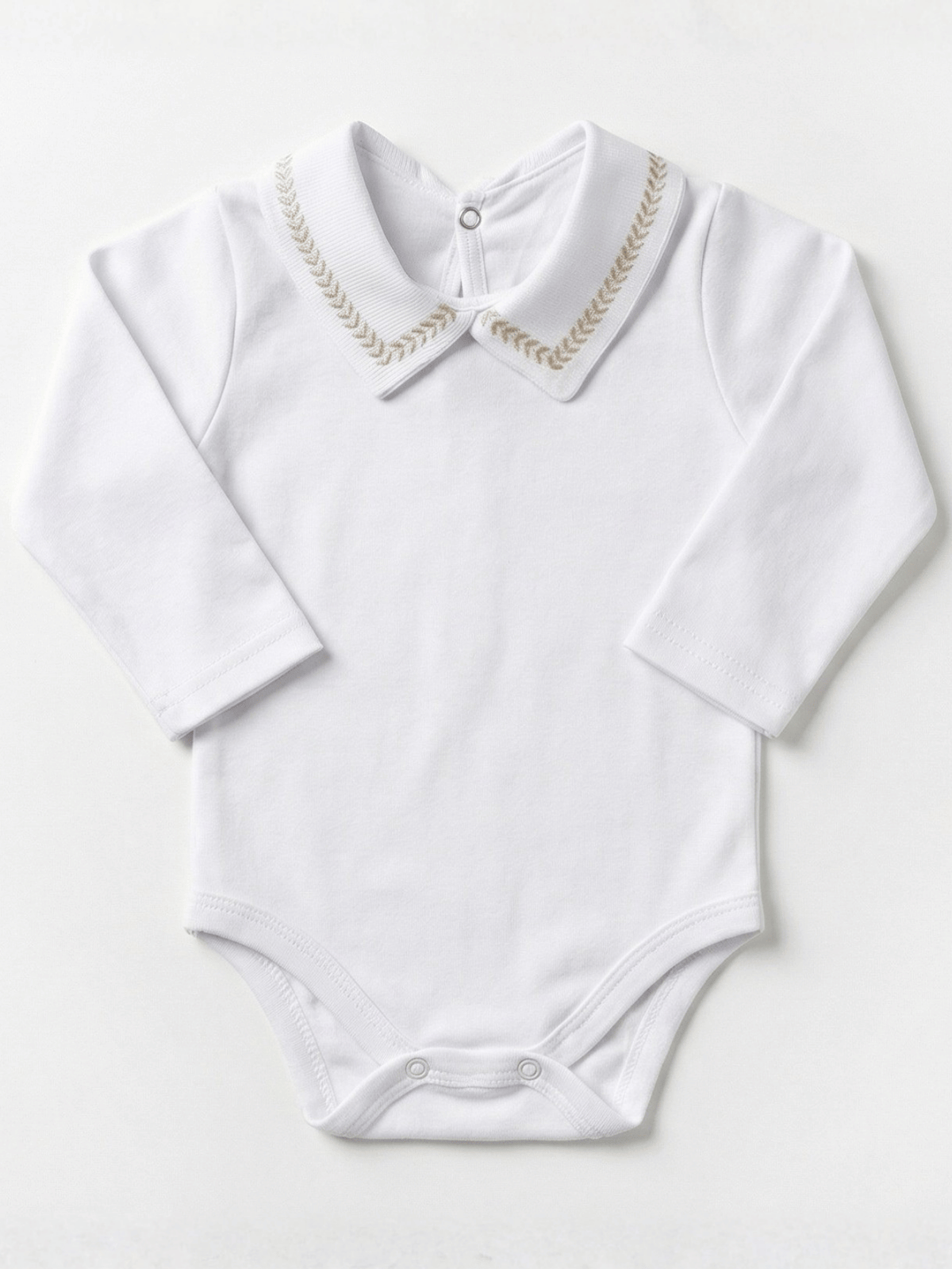 Body Bebê Menino Branco com Gola Polo Trigal Cappuccino Manga Longa 100% Algodão