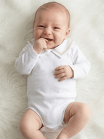 Body Bebê Menino Branco com Gola Polo Trigal Cappuccino Manga Longa 100% Algodão