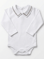 Body Bebê Menino Branco com Gola Polo Trigal Café Manga Longa 100% Algodão