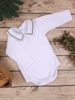 Body Bebê Menino Branco com Gola Polo Trigal Café Manga Longa 100% Algodão