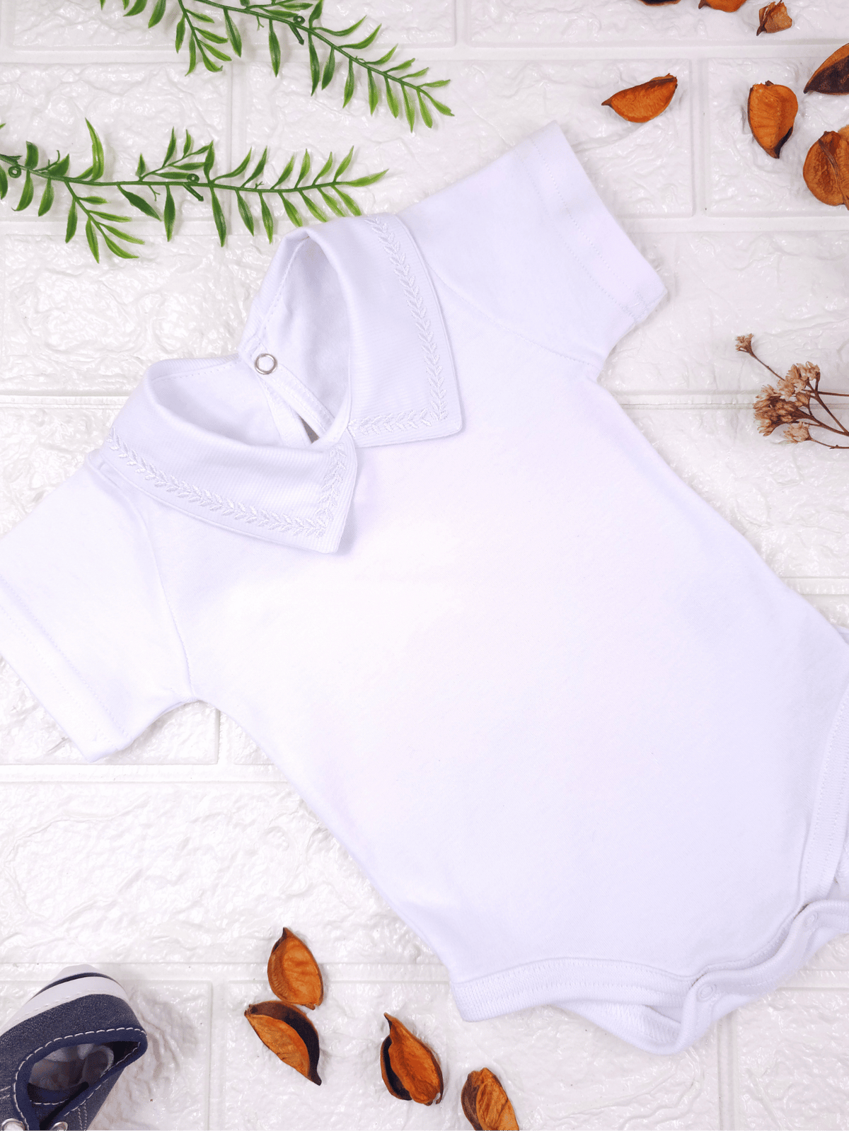 Body Bebê Menino Branco com Gola Polo Trigal Branco Manga Curta 100% Algodão