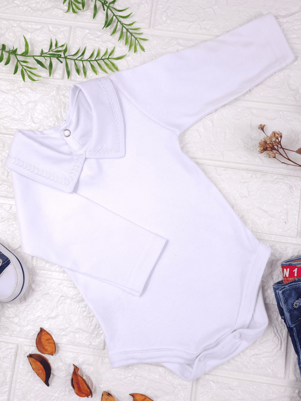 Body Bebê Menino Branco com Gola Polo Trigal Branco Manga Longa 100% Algodão