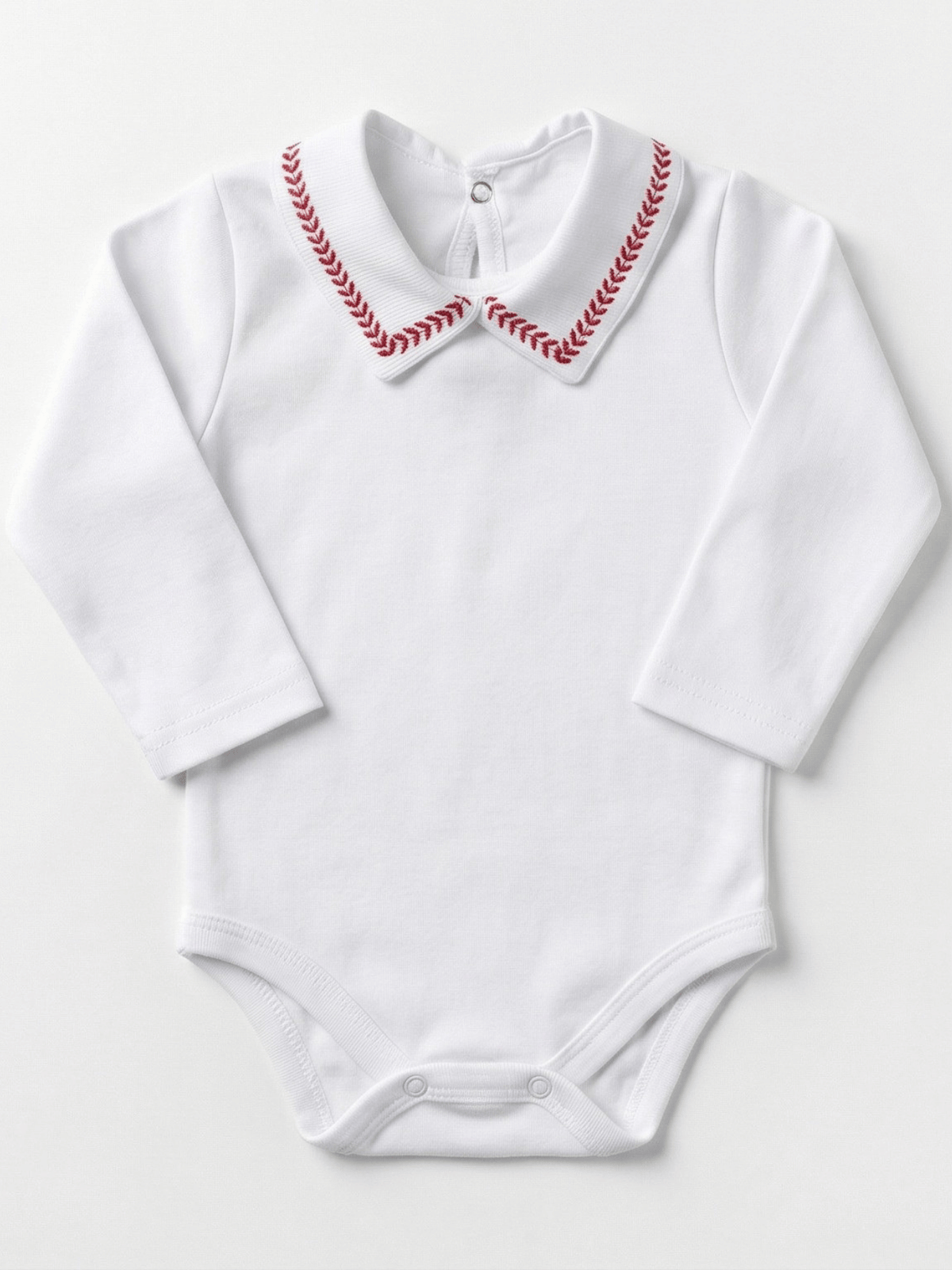 Body Bebê Menino Branco com Gola Polo Trigal Vermelho Manga Longa 100% Algodão