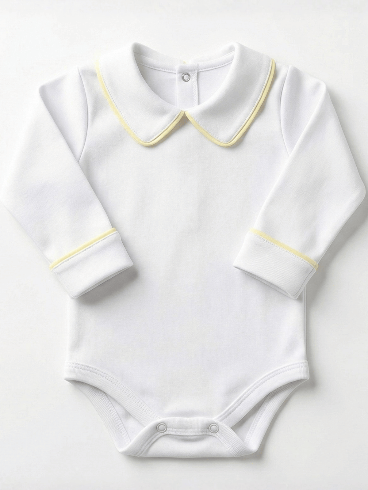 Body Bebê Menino Branco com Gola Polo Vivo Amarelo Manga Longa 100% Algodão