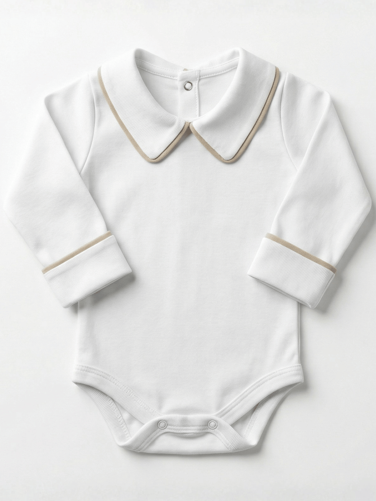 Body Bebê Menino Branco com Gola Polo Vivo Cappuccino Manga Longa 100% Algodão