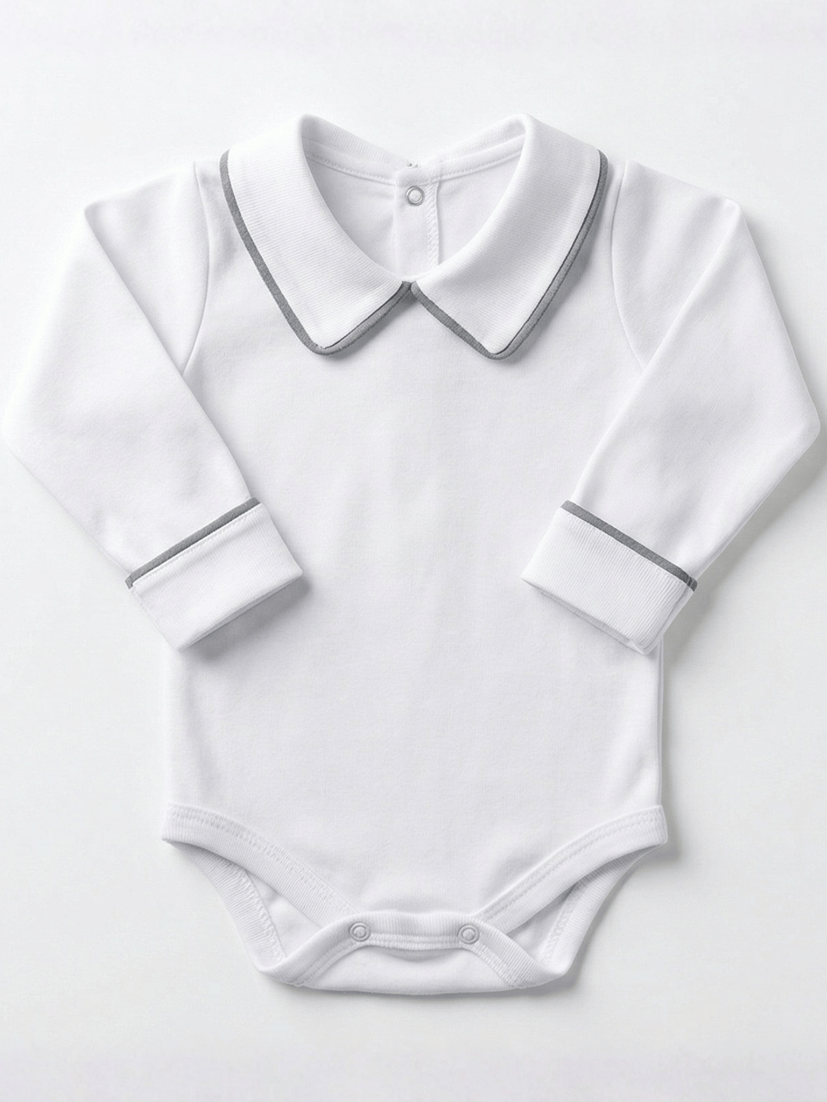 Body Bebê Menino Branco com Gola Polo Vivo Chumbo Manga Longa 100% Algodão