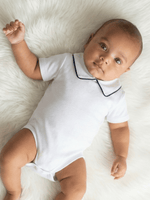 Body Bebê Menino Branco com Gola Polo Vivo Marinho Manga Curta 100% Algodão