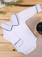 Body Bebê Menino Branco com Gola Polo Vivo Marinho Manga Longa 100% Algodão