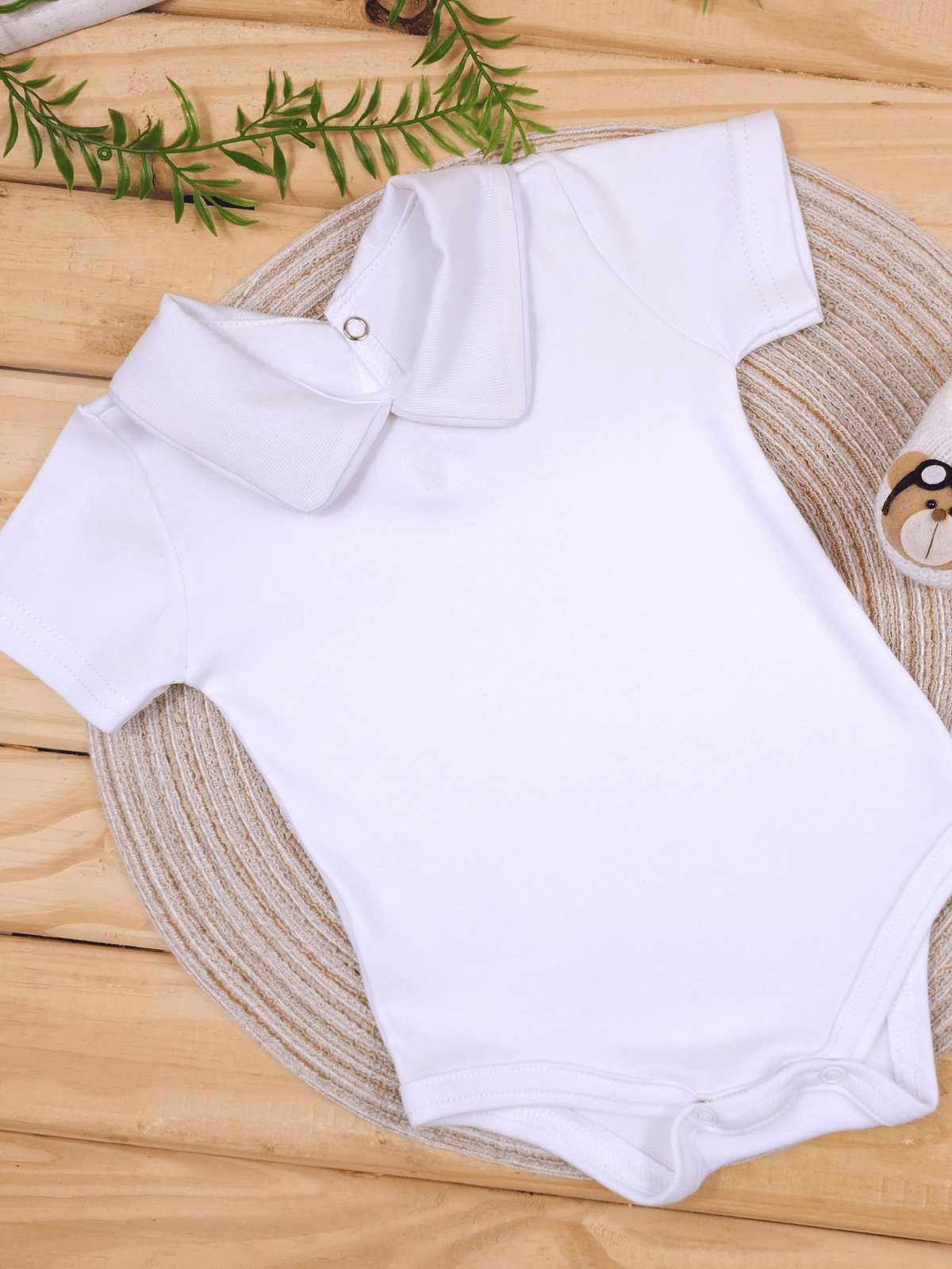 Body Bebê Menino Branco com Gola Polo Vivo Branco Manga Curta 100% Algodão