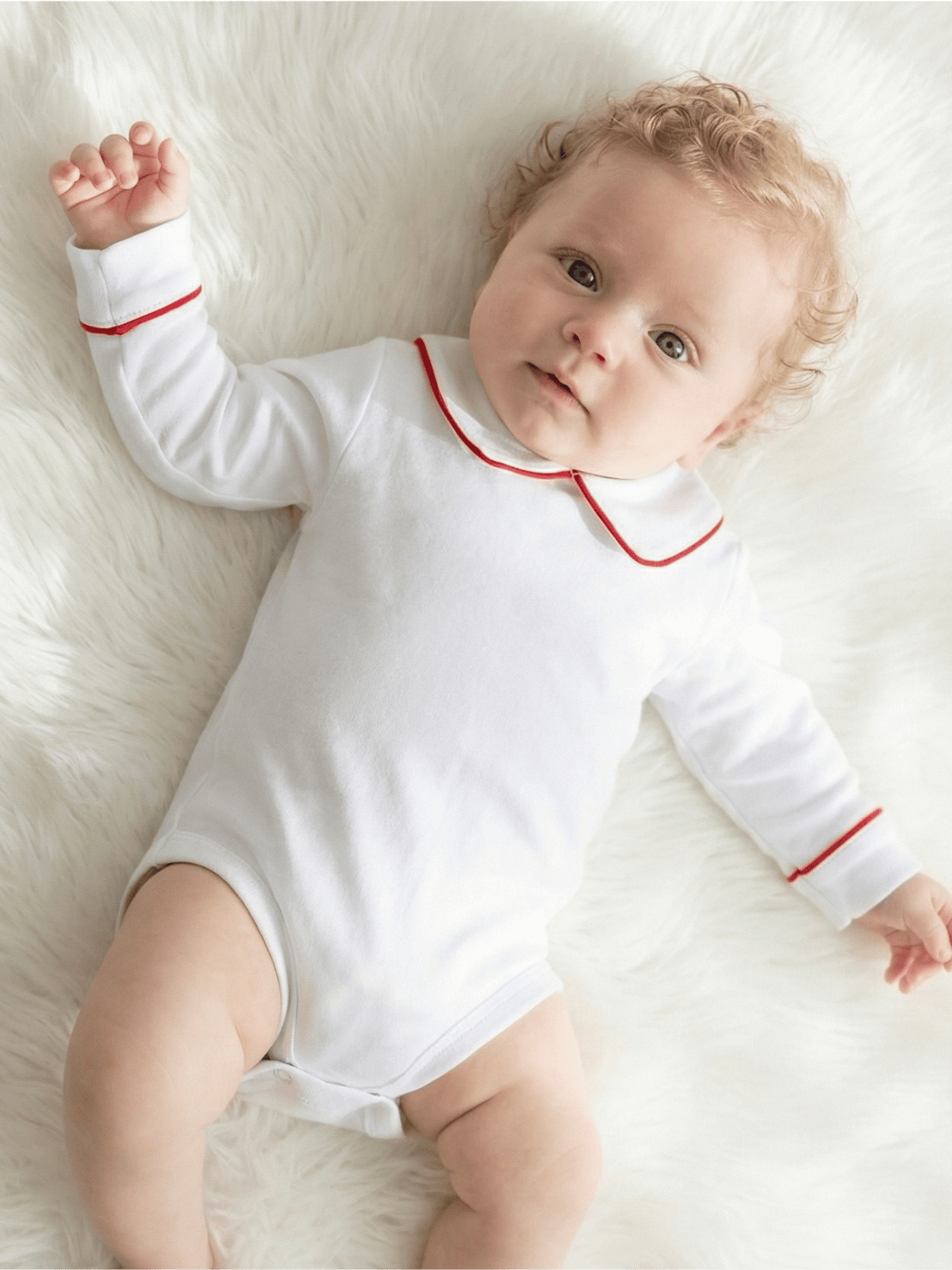 Body Bebê Menino Branco com Gola Polo Vivo Vermelho Manga Longa 100% Algodão