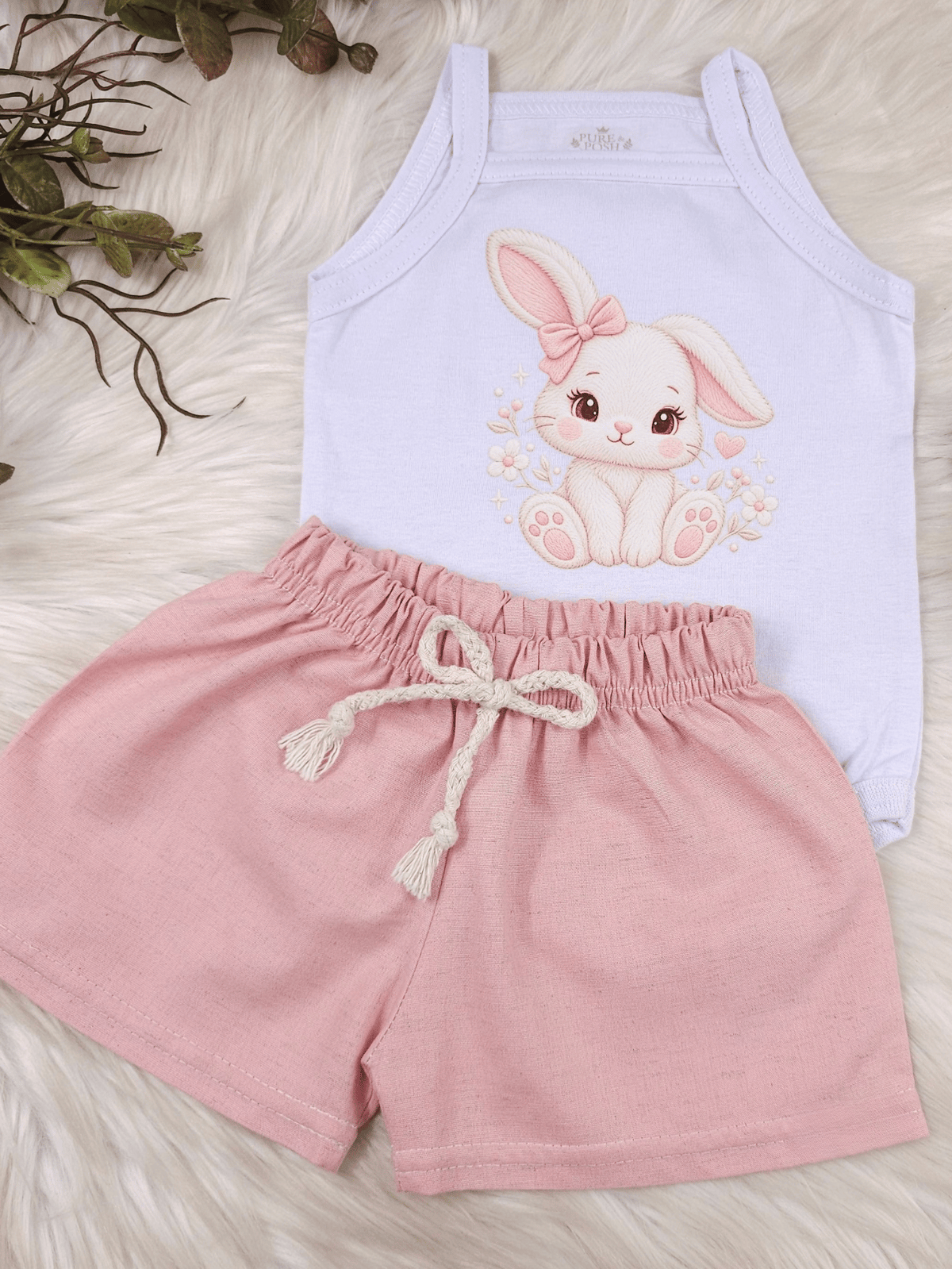 Conjunto Bebê Menina Coelhinha Body Alcinha e Short Linho