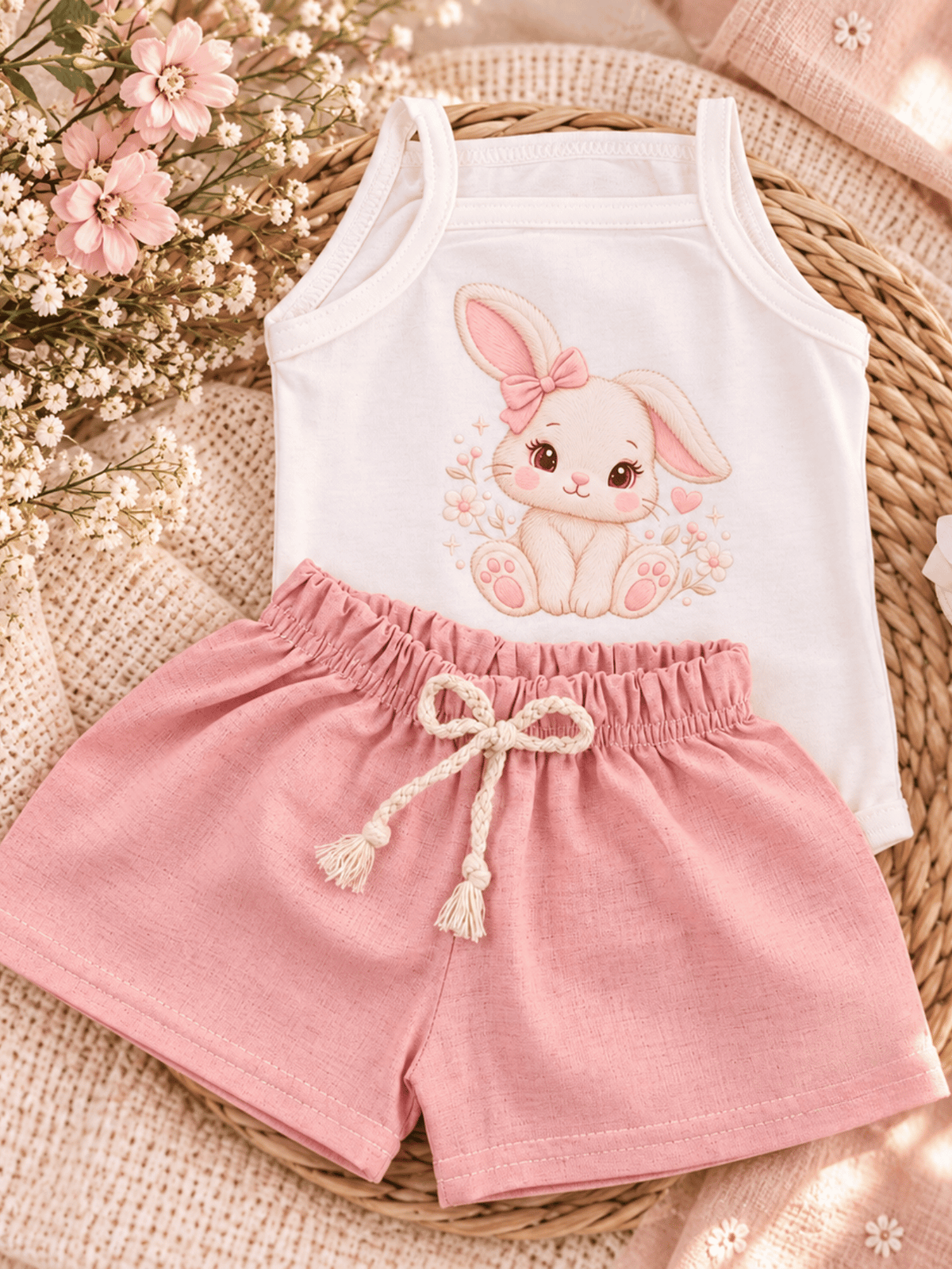 Conjunto Bebê Menina Coelhinha Body Alcinha e Short Linho