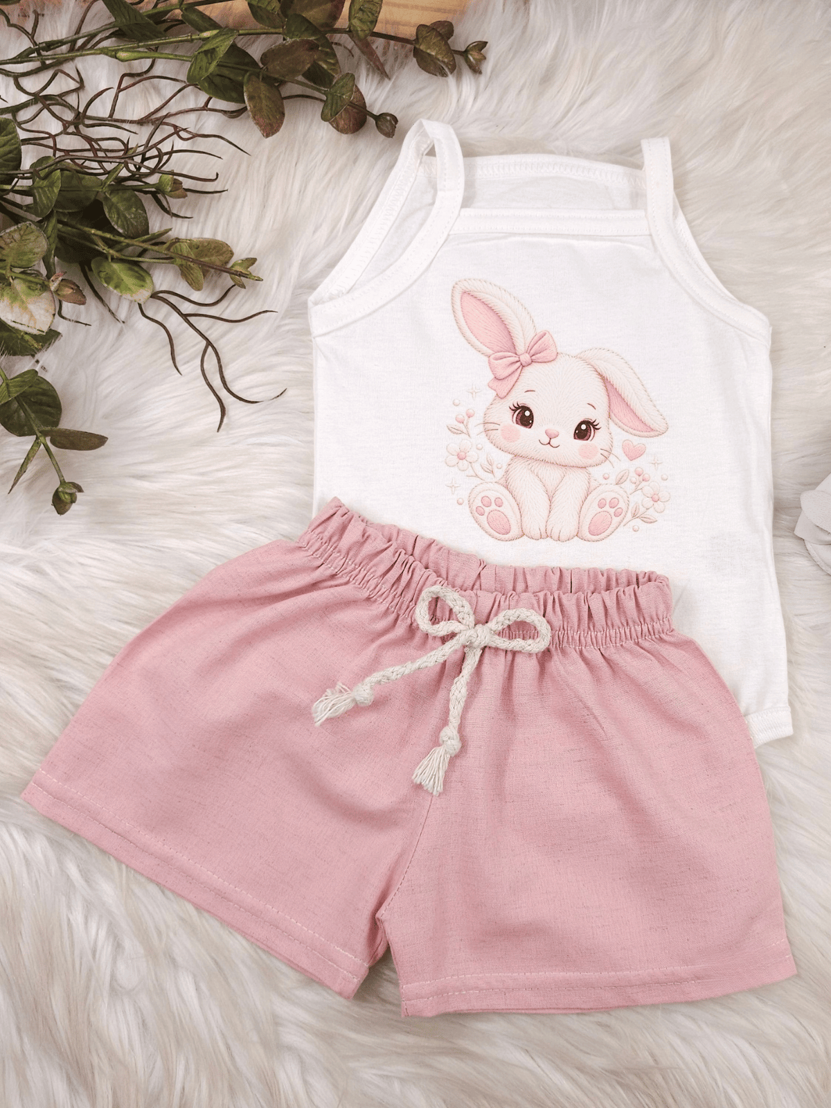 Conjunto Bebê Menina Coelhinha Body Alcinha e Short Linho