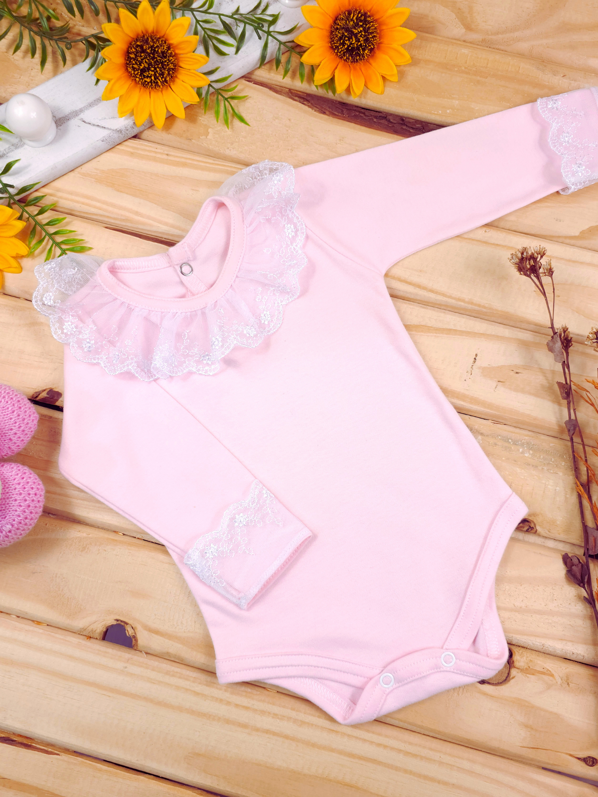 Body Infantil Menina Gola Rendada 100 Algodão Manga Longa RN ao G