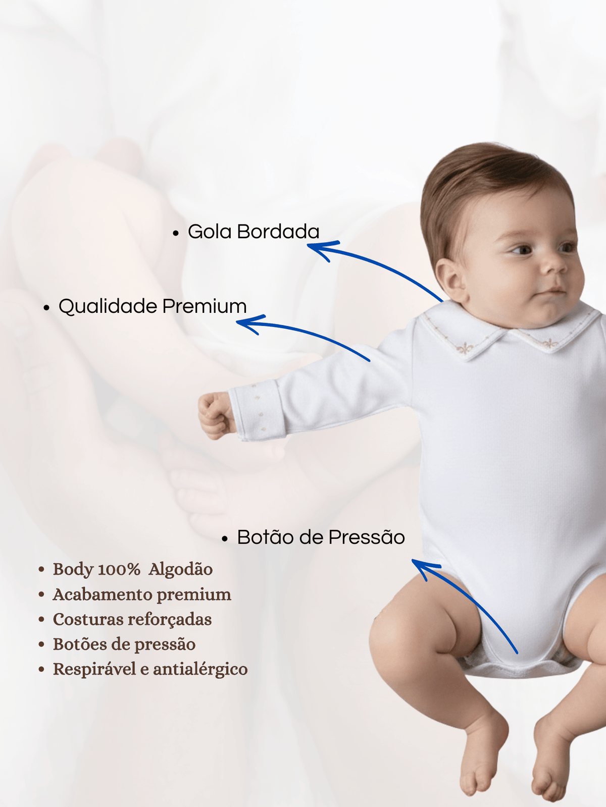 Body Menino 100% Algodão – Gola e Punho Bordado | Enxoval RN ao G