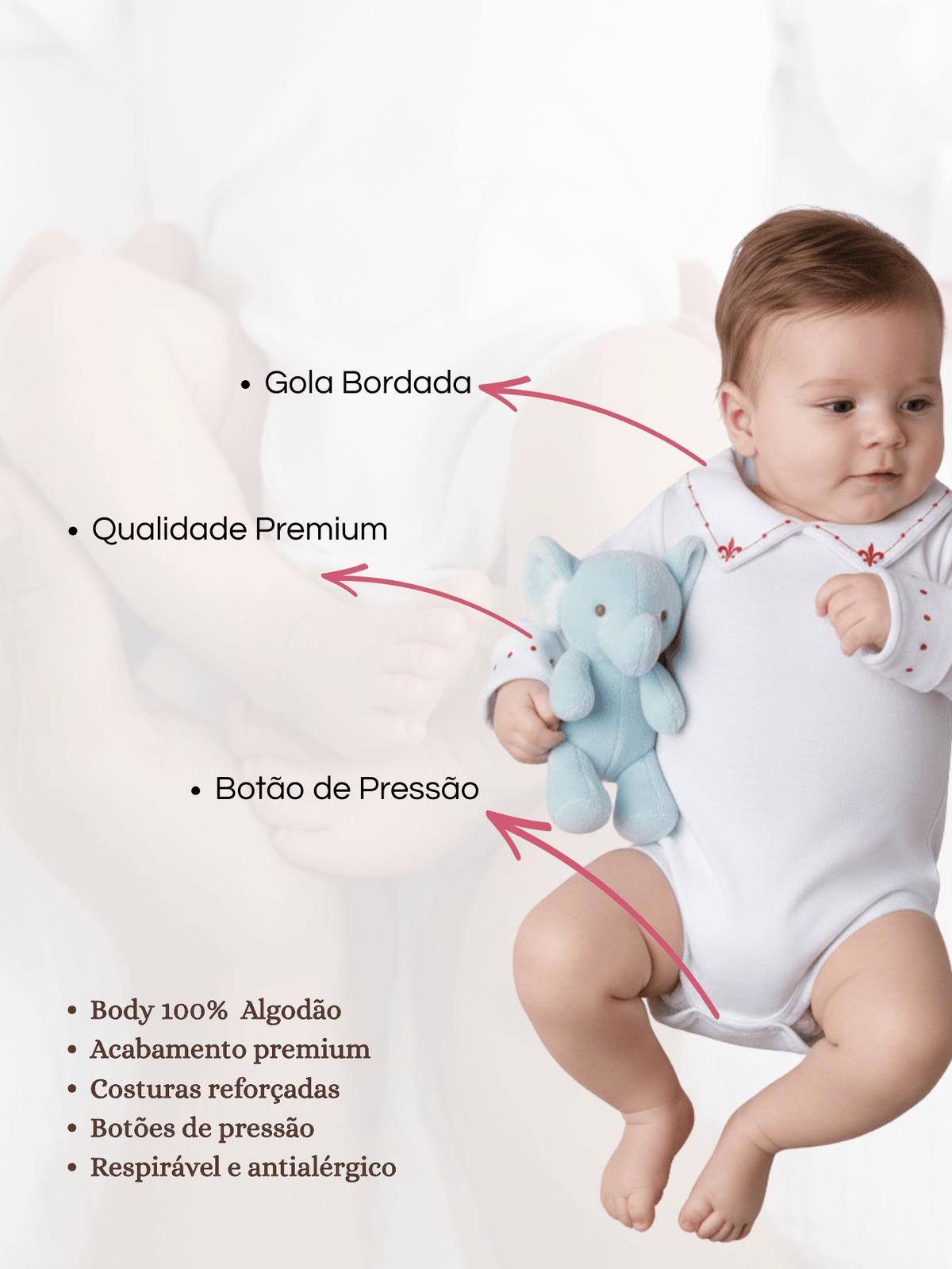 Body Algodão Menino – Gola Bordada, Punho Bordado – Tamanhos RN a G