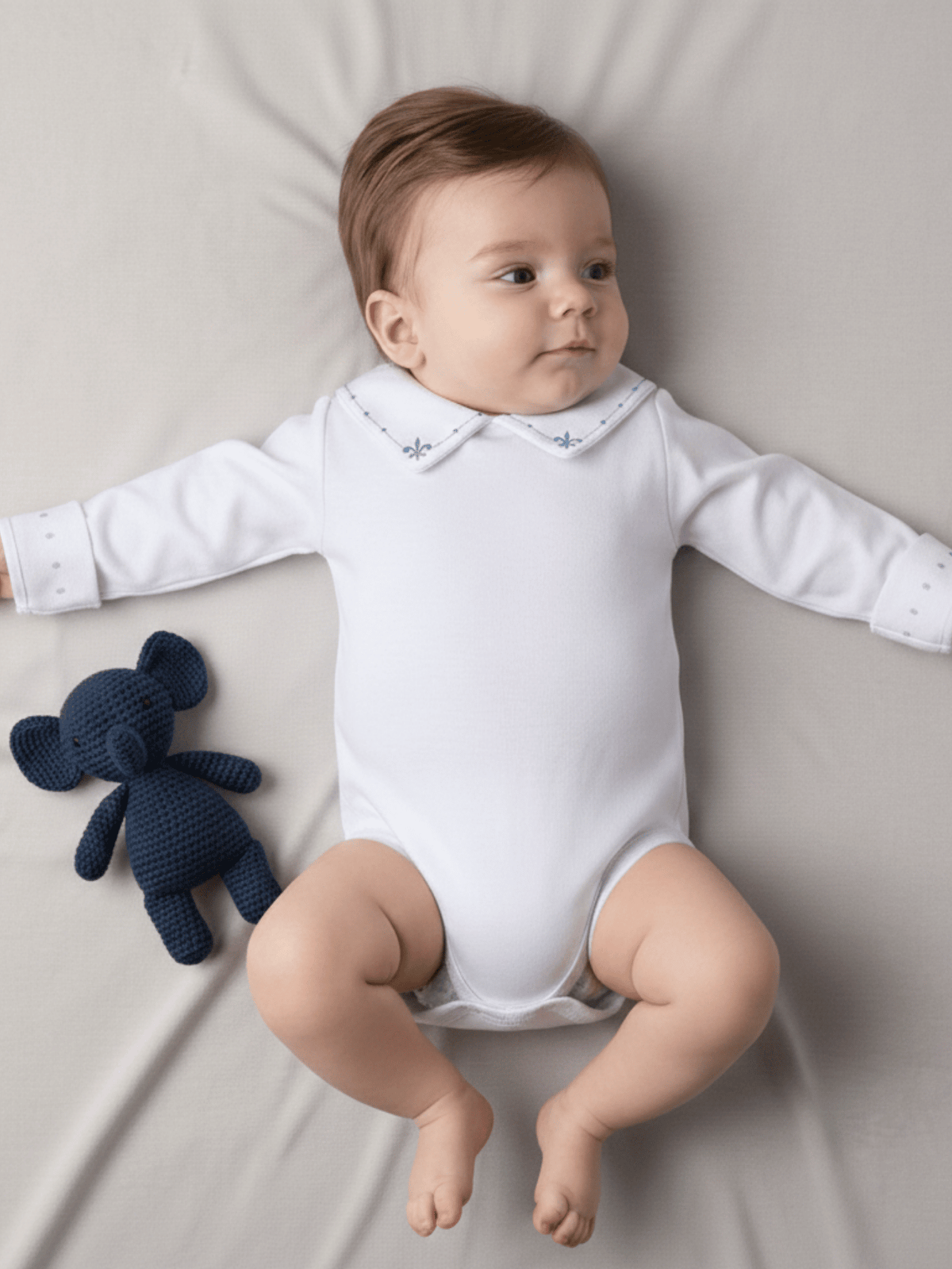 Body Bebê Menino com Gola e punho Bordado Manga Longa 100% Algodão