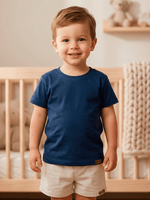 Conjunto Bebê Menino Verão Camiseta Algodão 100% + Short Linho Azul Marinho/Off-White (0-4)