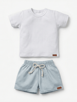 Conjunto Bebê Menino Verão Camiseta Algodão 100% + Short Linho Branco/Azul (0-4)