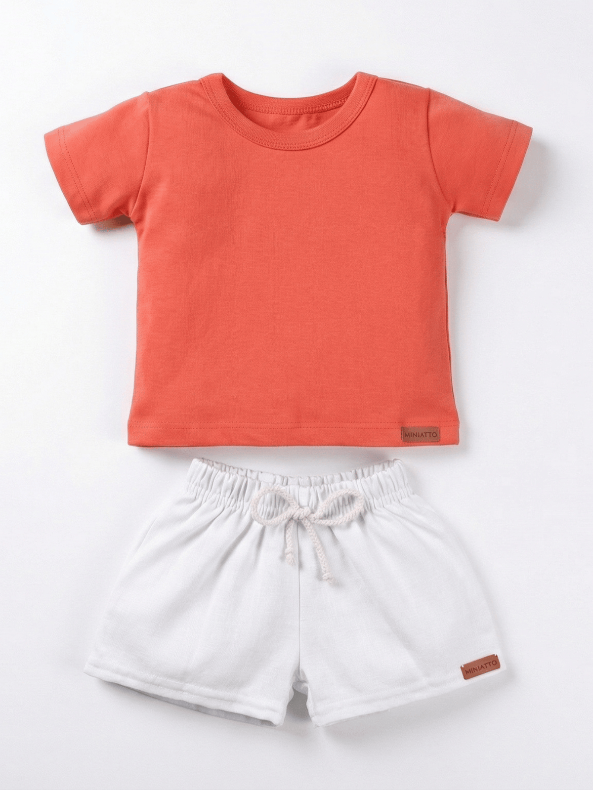 Conjunto Bebê Menino Verão Camiseta Algodão 100% + Short Linho Laranja Ferrugem/Branco (0-4)
