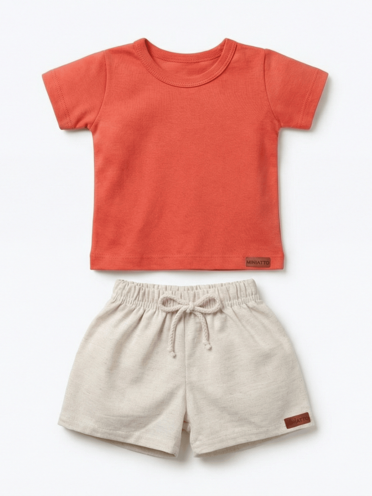 Conjunto Bebê Menino Verão Camiseta Algodão 100% + Short Linho Laranja Ferrugem/Off-White (0-4)