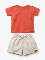 Conjunto Bebê Menino Verão Camiseta Algodão 100% + Short Linho Laranja Ferrugem/Off-White (0-4)