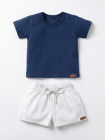Conjunto Bebê Menino Verão Camiseta Algodão 100% + Short Linho Azul Marinho/Branco (0-4)