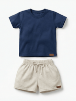 Conjunto Bebê Menino Verão Camiseta Algodão 100% + Short Linho Azul Marinho/Off-White (0-4)