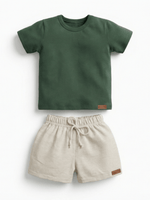 Conjunto Bebê Menino Verão Camiseta Algodão 100% + Short Linho Verde Militar/Off-White (0-4)