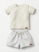 Conjunto Bebê Menino Verão Camiseta Algodão 100% + Short Linho Off-White/Branco (0-4)