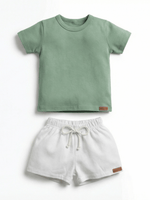 Conjunto Bebê Menino Verão Camiseta Algodão 100% + Short Linho Pistache/Branco (0-4)