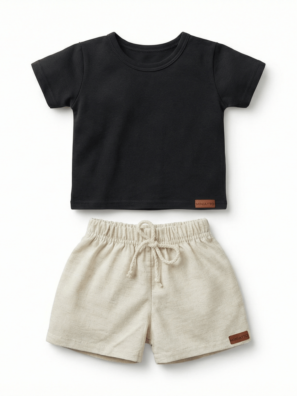 Conjunto Bebê Menino Verão Camiseta Algodão 100% + Short Linho Preto/Off-White(0-4)