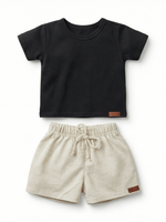 Conjunto Bebê Menino Verão Camiseta Algodão 100% + Short Linho Preto/Off-White(0-4)