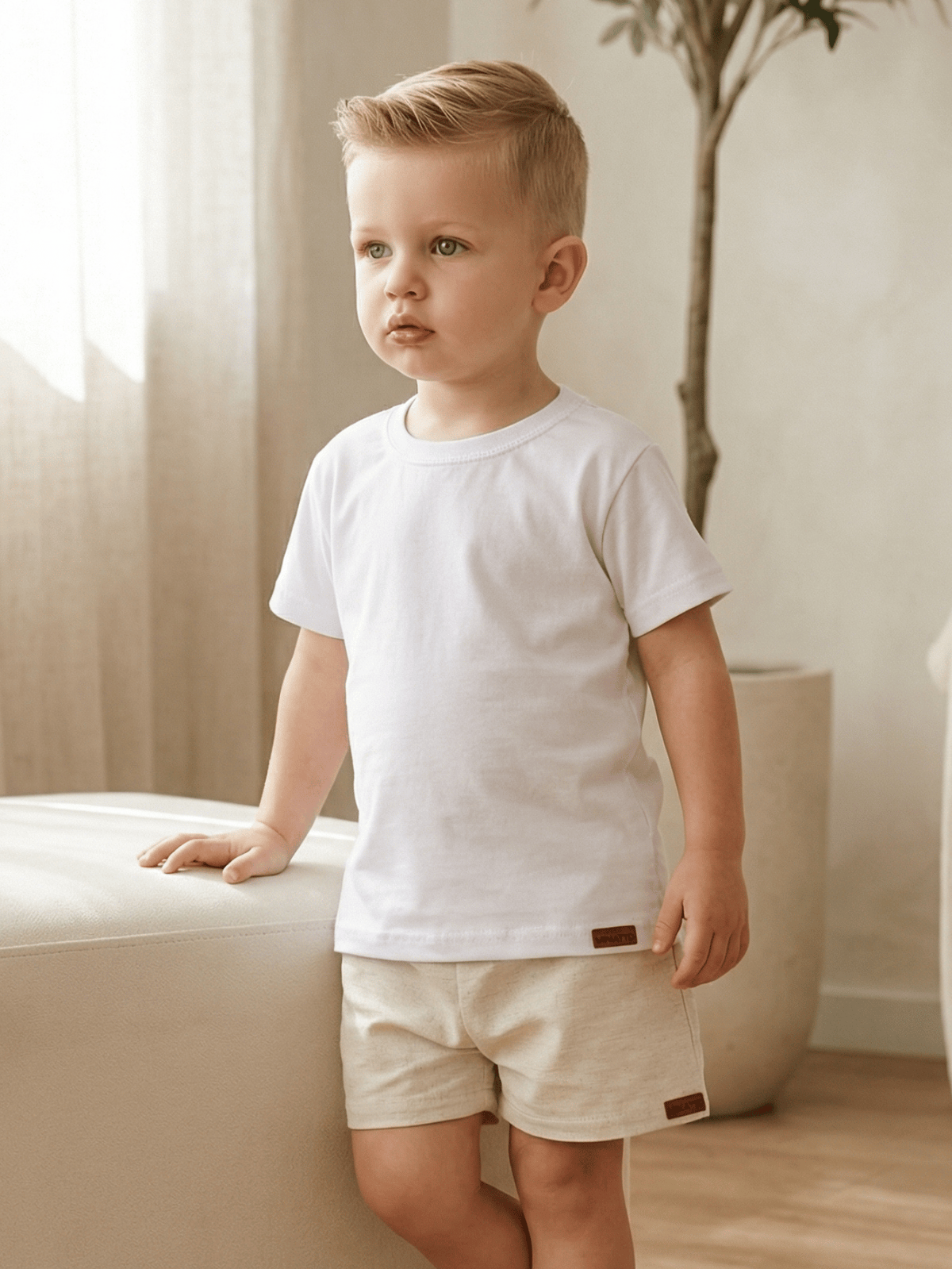 Conjunto Bebê Menino Verão Camiseta Algodão 100% + Short Linho Branco/Off-White (0-4)